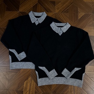 RTIMFD v领拼接设计艺术假两件针织衫polo氛围感老钱针织毛衣撞色