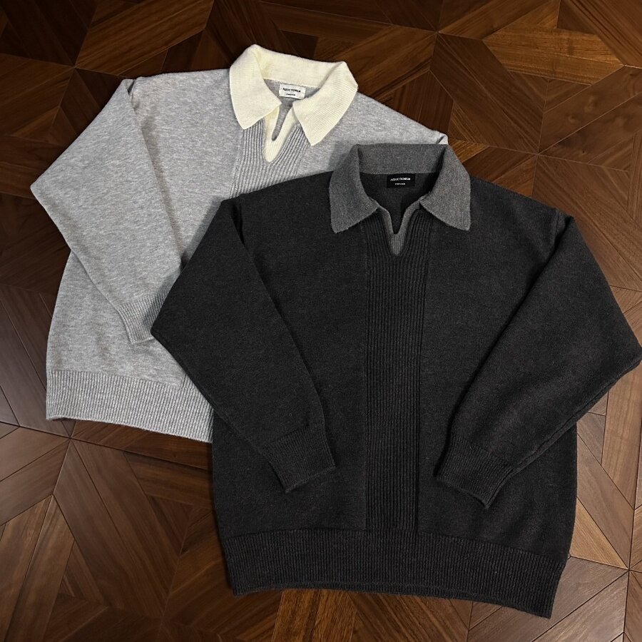 胸前线条假两件V领翻领毛衣