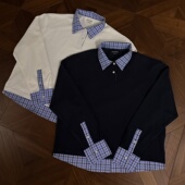 RTIMFD 藏蓝格纹假两件拼接polo长袖 卫衣cleanfit休闲miu系上衣男