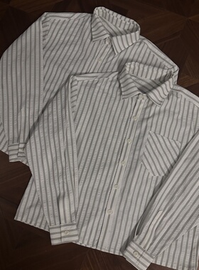 RTIMFD 黑白条纹发泡度假风衬衫 cleanfit基础衬衫微廓短宽长袖秋