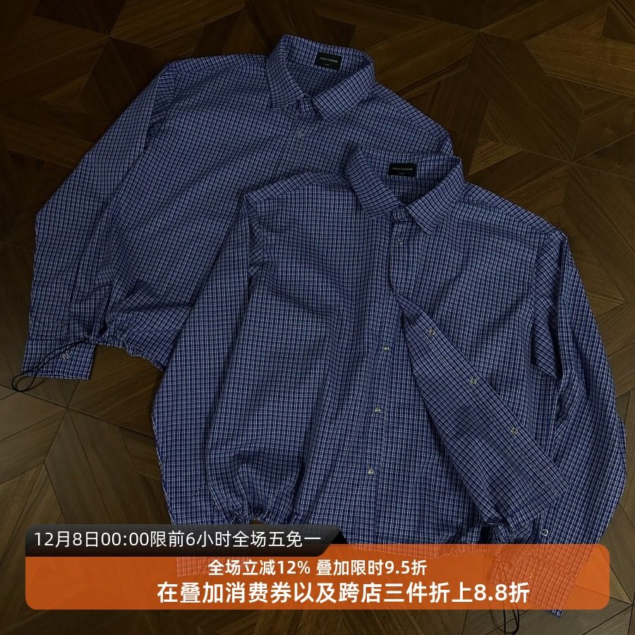 皇家蓝色格纹衬衫miu系秋冬长袖