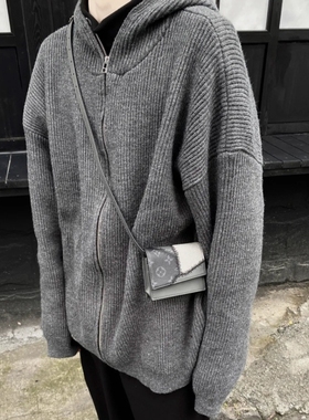 RTIMFD复古灰拉链高领毛衣连帽开衫cleanfit慵懒风休闲欧美针织衫