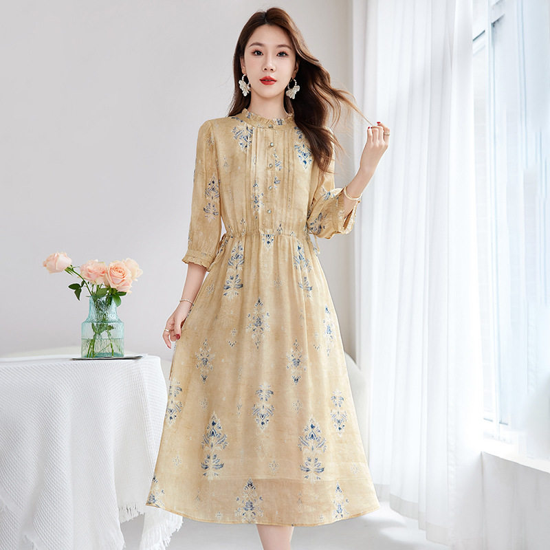 丝麻混纺真丝连衣裙女中长款2026夏装新款气质收腰桑蚕丝印花裙