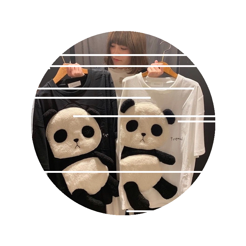 rs新款大码情侣日系甜美可爱熊猫亲子刺绣字母印花宽松短袖T恤夏