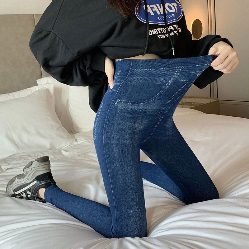 春秋薄绒女外穿打底裤仿牛仔莫代尔棉高弹高腰修身裤皮女长裤2025