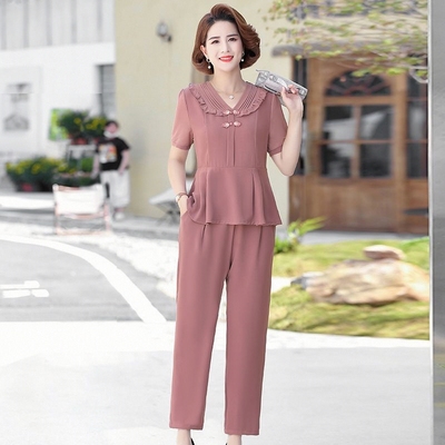 妈妈夏装2025新款洋气上衣时尚减龄套装中老年女短袖雪纺两件套装