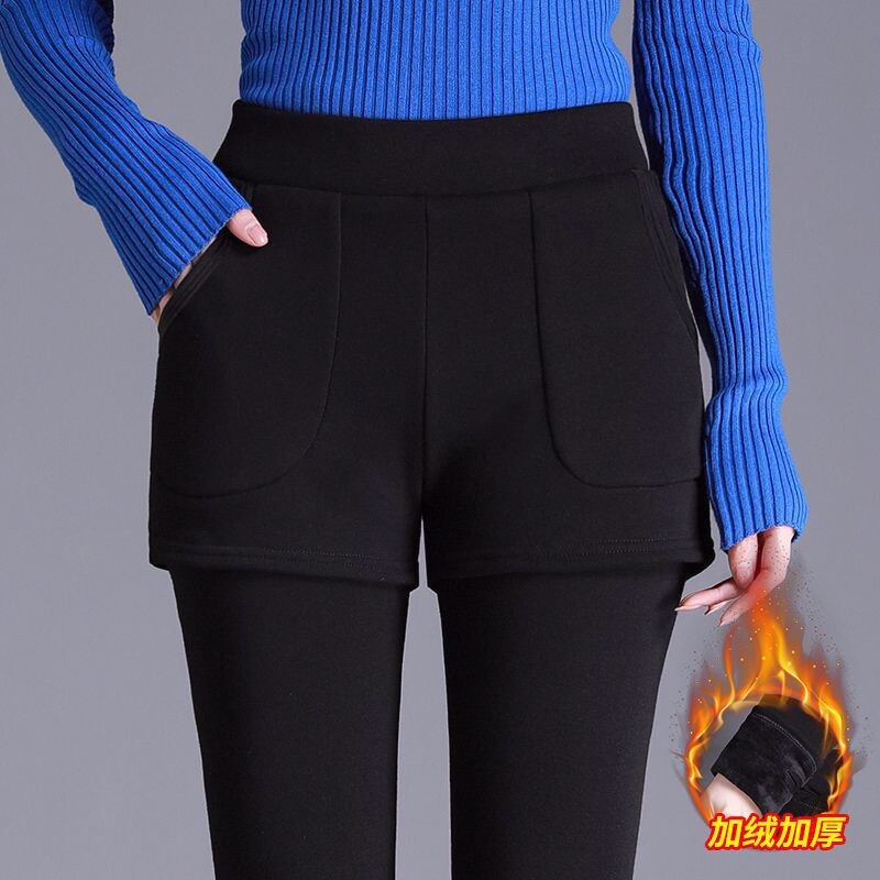 高品质假两件打底裤女大码外穿秋冬修身踩脚棉裤弹力高腰小脚裤女