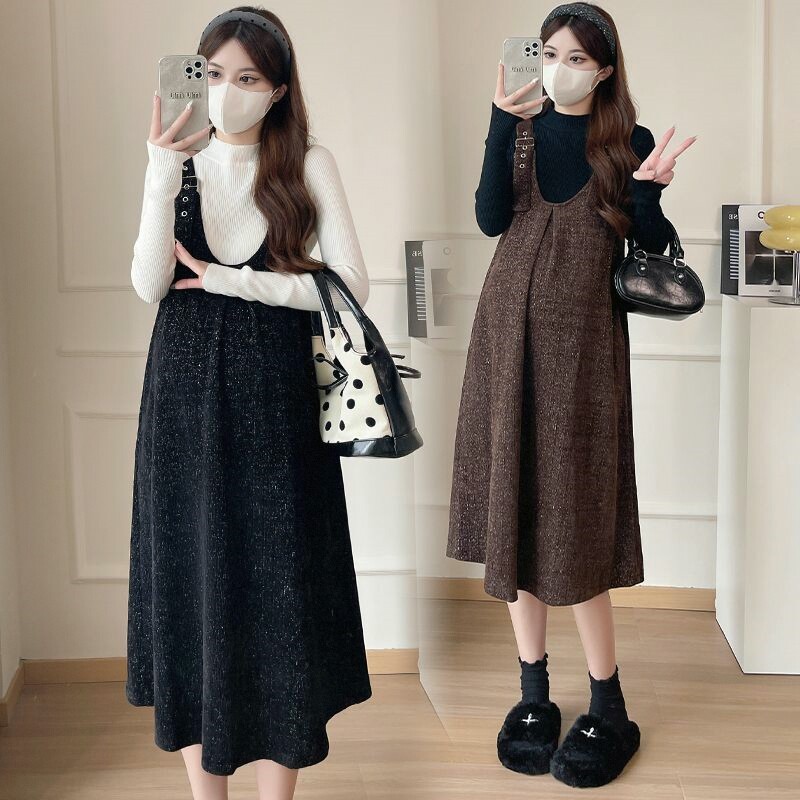 气质百搭连衣裙孕妇装春秋新款韩版时尚宽松显瘦背带裙打底衫套装