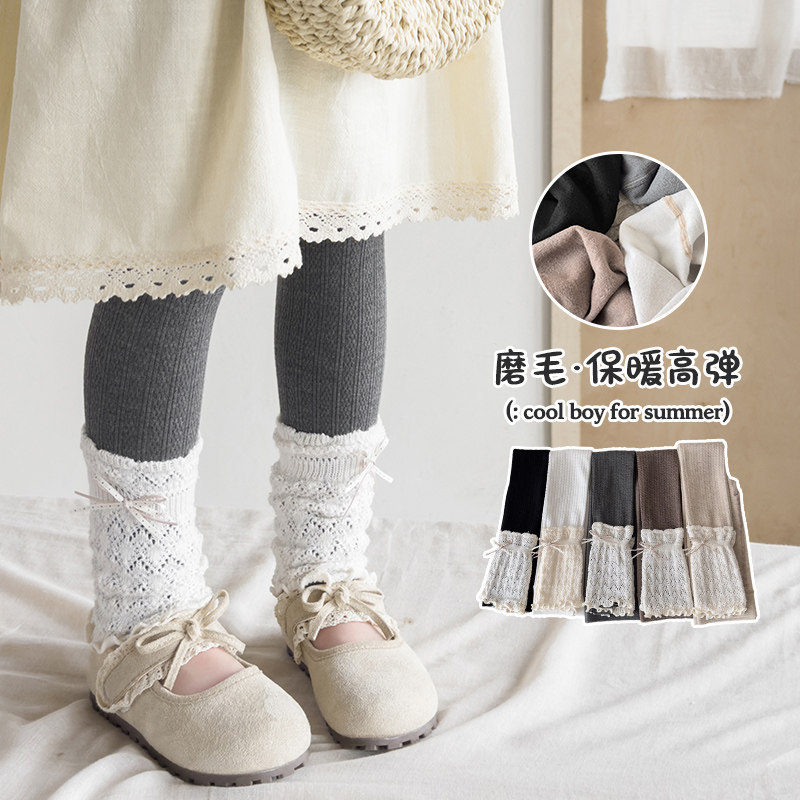 秋冬加绒女童打底裤外穿中厚儿童蕾丝拼接堆堆袜套磨毛保暖九分裤