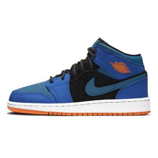 Jordan Air Jordan 1 Mid 中帮 复古篮球鞋 GS 蓝橙 鞋带反光
