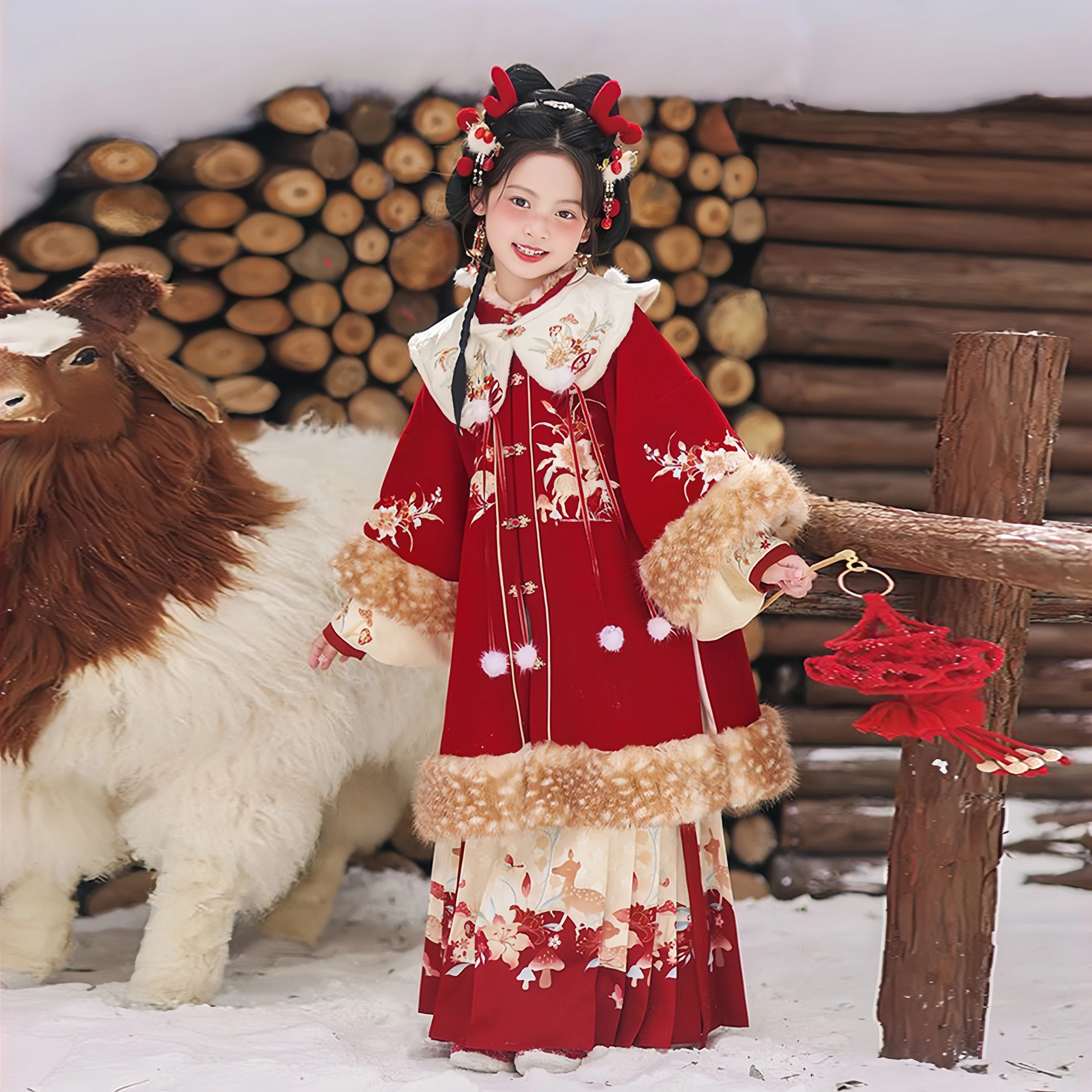 女童汉服冬装超仙中国风加绒加厚套装女孩古装儿童红色唐装拜年服