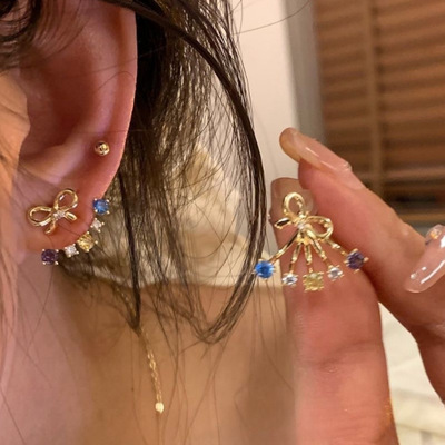 彩色蝴蝶结耳钉女925银针两戴式个性耳环感韩系锆石耳饰耳坠