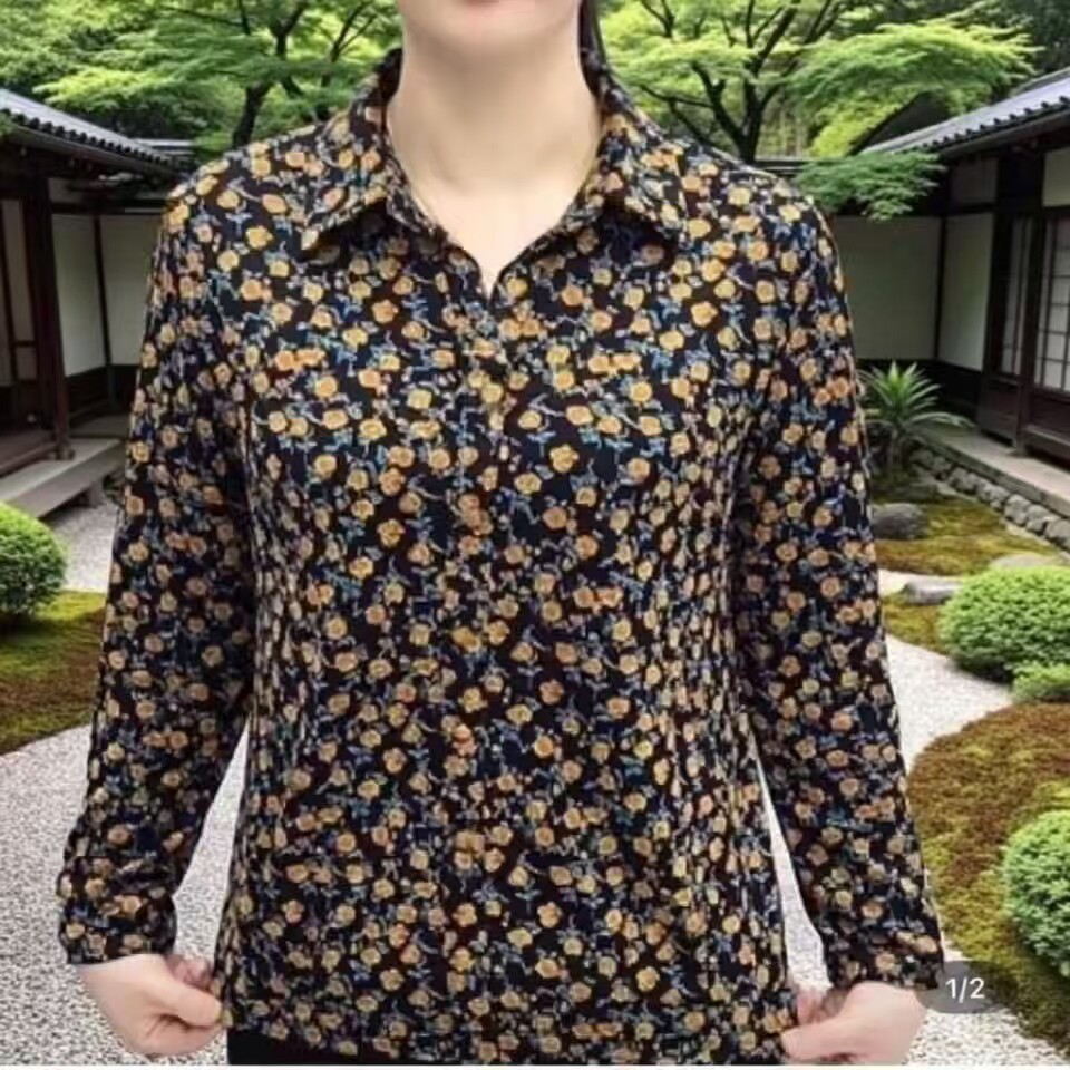 妈妈秋装长袖打底衫2026新款翻领T恤短款小衫中老年妇女春秋上衣