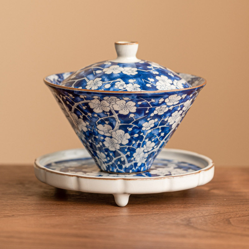 跨境仿宋汝窑蓝冰梅花斗笠盖碗茶碗带盖单个高档茶具泡茶碗三才碗