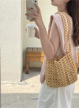 韩国ins小众设计木珠包手工编织包腋下包单肩包镂空包度假沙滩包