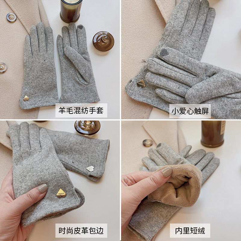 法式羊毛手套女士秋冬骑行开车可触屏加绒防风防寒冬季时尚保暖厚