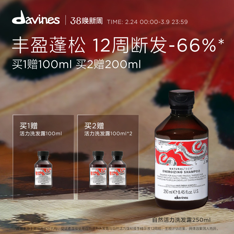 Davines大卫尼斯自然活力洗发水250ml咖啡因稳固强韧防断临期