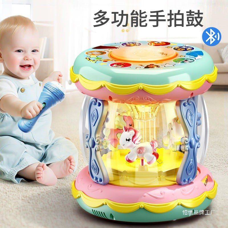 婴幼儿多功能旋转木马手拍鼓带话筒灯光音乐盒宝宝益智玩具0到3岁
