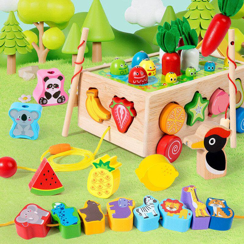 木制儿童早教多功能串珠智力形状拖车趣味农场拔萝卜拆装益智玩具