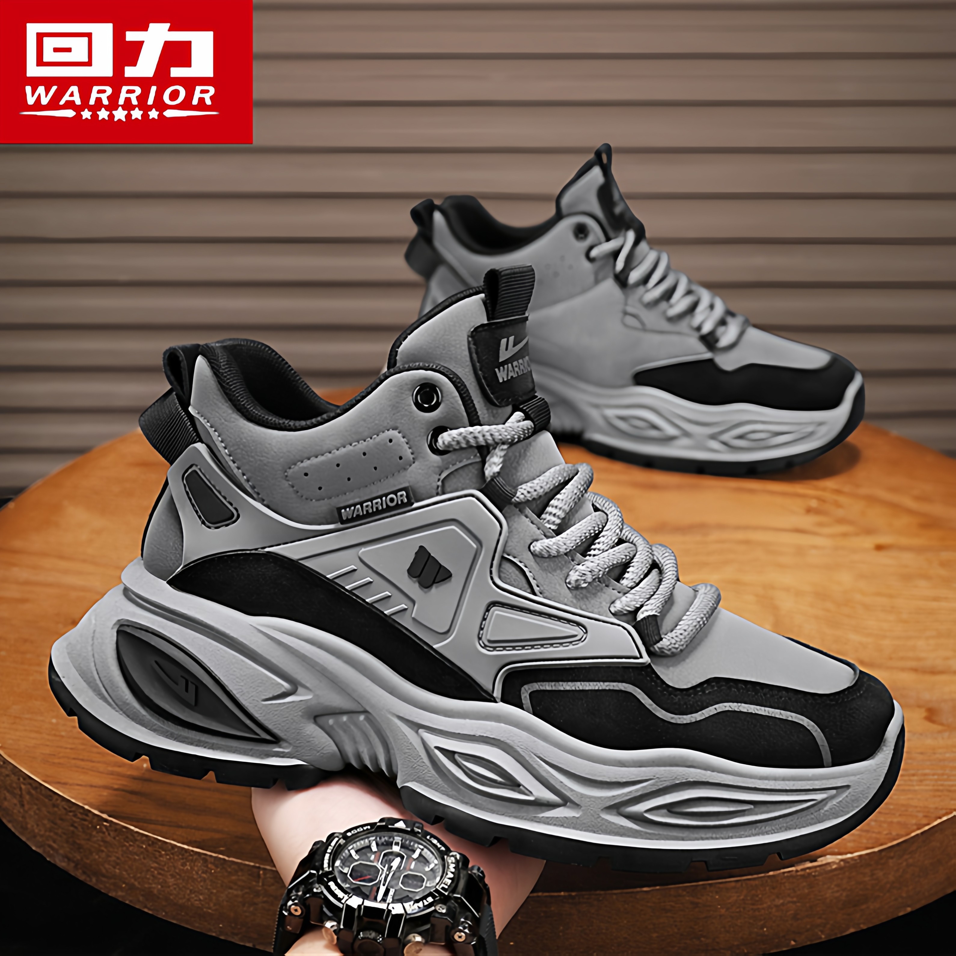 回力男鞋冬季百搭休闲皮面运动鞋跑步防滑厚底上班劳保黑色老爹鞋