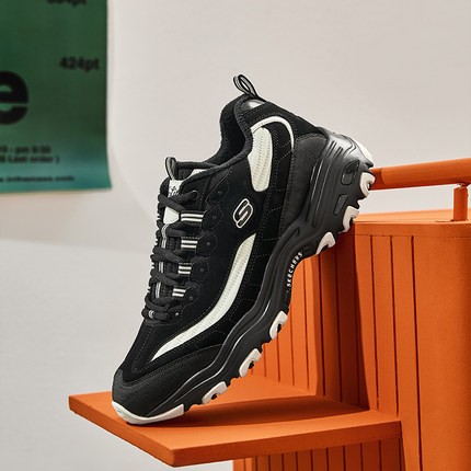 Skechers斯凯奇春夏季男熊猫鞋黑色加绒老爹鞋厚底增高休闲运动鞋