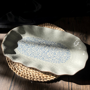 13英寸陶瓷盘加厚椭圆花边长盘鱼盘盘子家用菜盘釉下彩大盘蒸鱼盘