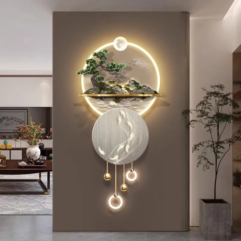 3D立体浮雕玄关装饰画入户走廊过道九鱼图挂画led灯发光山水壁画图片