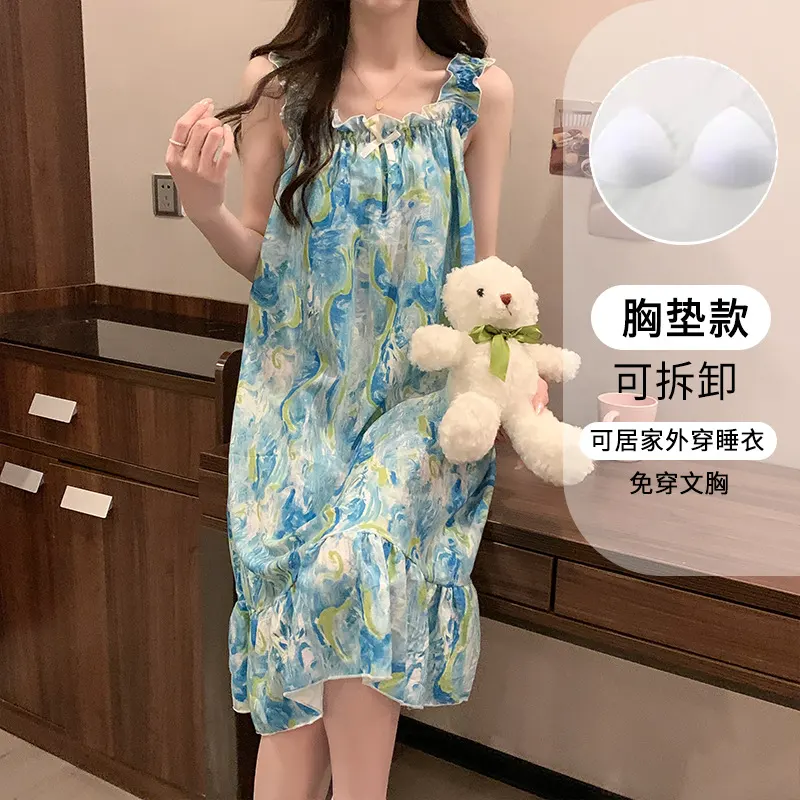 泡泡皱吊带睡裙女背心睡衣夏季带胸垫可拆卸中长款可爱卡通家居服