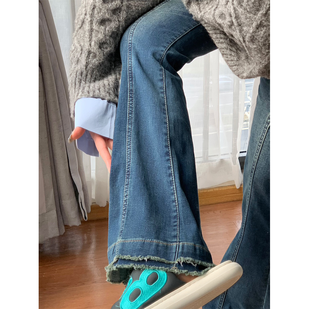 2-300斤特大码高腰弹力流苏喇叭牛仔裤女春季裤子胖mm显瘦微喇裤