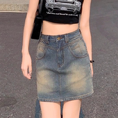 300斤特大码 复古星空纹牛仔短裙女夏季 胖mm遮肚显瘦a字包臀半身裙