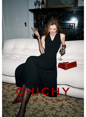 CHICHY法式千金无袖V领连衣裙女26春季新款黑色修身显瘦礼服长裙