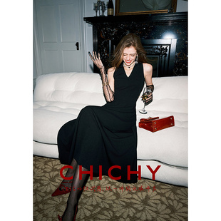 CHICHY法式千金无袖V领连衣裙女26春季新款黑色修身显瘦礼服长裙