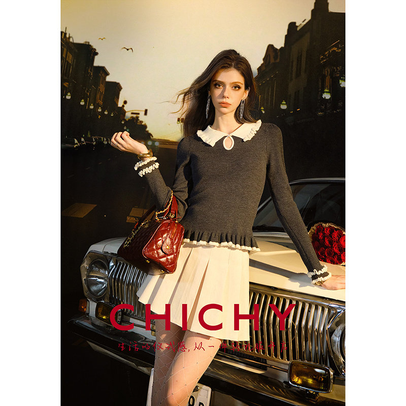 【柔软绵羊毛】CHICHY灰色修身减龄毛针织衫女25冬季新款打底上衣