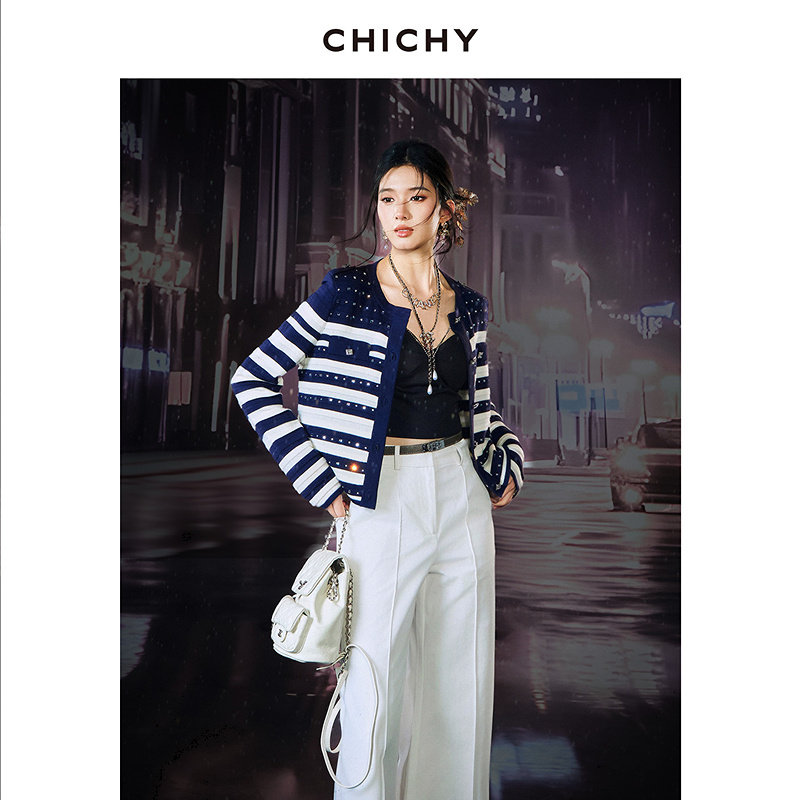 CHICHY法式复古藏蓝色条纹毛针织开衫女26春新款重工修身外搭上衣,女装/女士精品,毛针织衫,淘宝优惠券,粉丝福利购,淘宝优惠卷