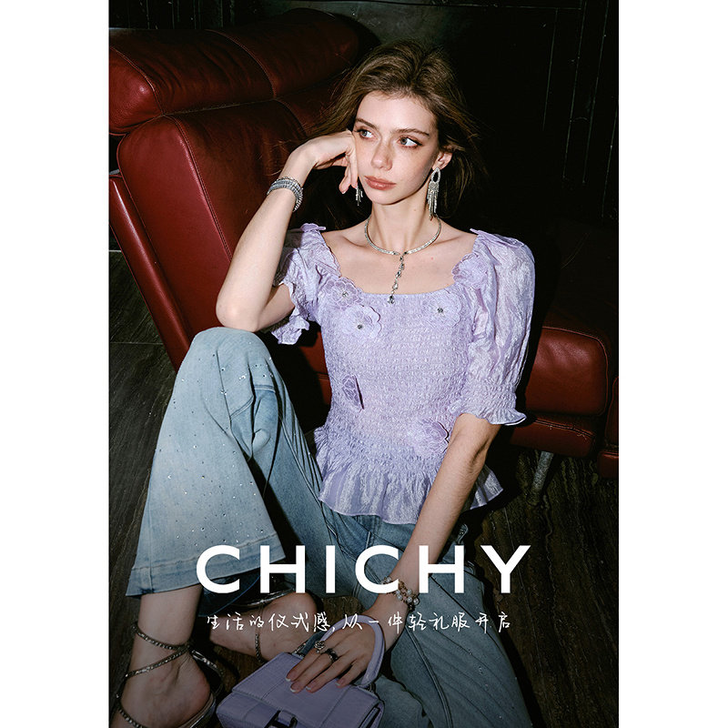 CHICHY千金风紫色花朵泡泡袖衬衫