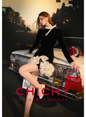 CHICHY法式赫本风黑色丝绒连衣裙女2025冬季新款长袖修身礼服短裙