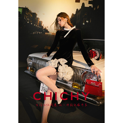 CHICHY黑色长袖丝绒连衣裙短裙