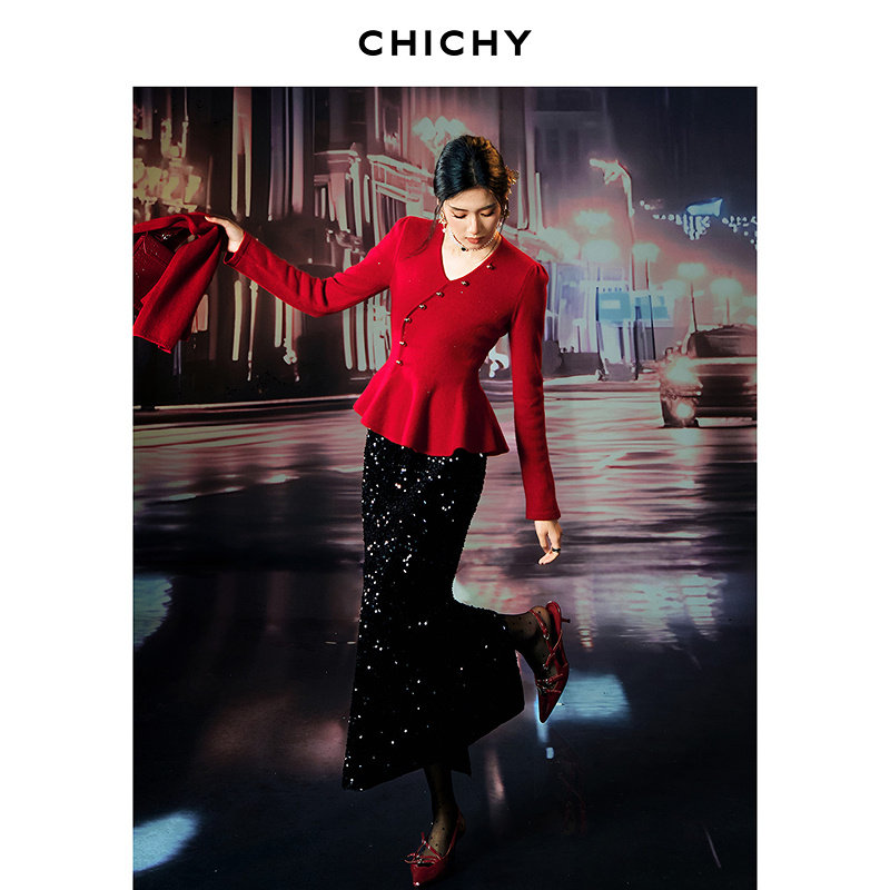 【柔软绵羊毛】CHICHY法式新年红色v领毛针织衫女春新款修身上衣