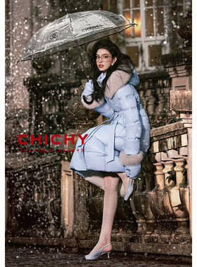 【保暖鹅绒】CHICHY洋气名媛连帽羽绒服女冬季款蓝色长款收腰外套