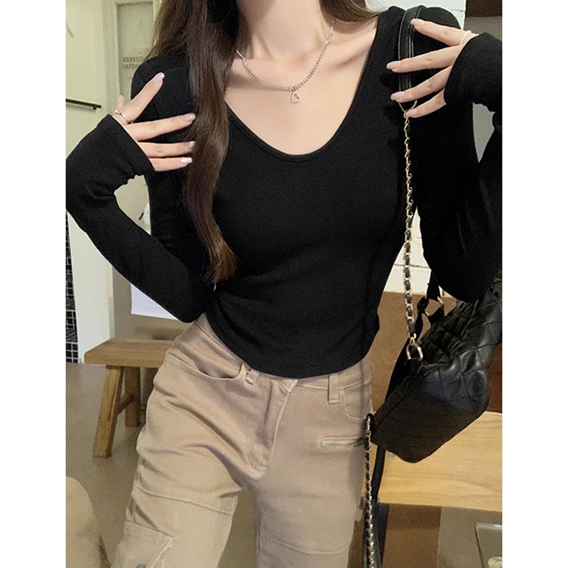 超级立减初秋长袖双U领打底衫t恤女露脐短款修身潮紧身内搭上衣