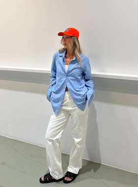 ADoOr 基础蓝色正肩长袖衬衫Lola宽松长款百搭罩衫刺绣秋