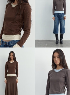 A DoOr 假两件基础长袖打底衫 舒适弹力 Camila 春季百搭圆领T恤