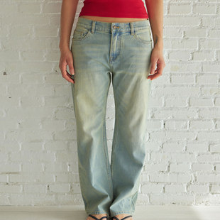 DoOr Linda 基础经典 中低腰 黄蓝色复古做旧水洗 锥形牛仔裤