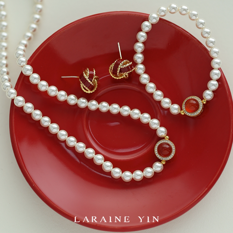 LARAINE YIN复古港风施家珍珠红玛瑙925银项链轻奢高级感饰品
