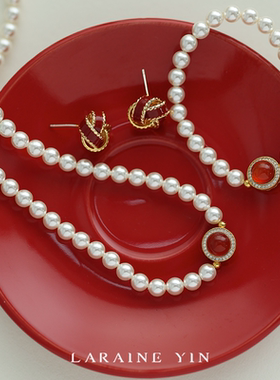 LARAINE YIN复古港风施家珍珠红玛瑙925银项链轻奢高级感饰品