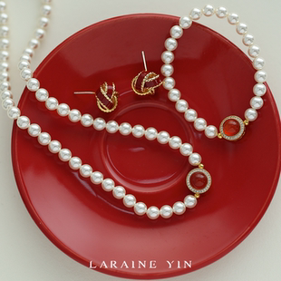 LARAINE YIN复古港风施家珍珠红玛瑙925银项链轻奢高级感饰品