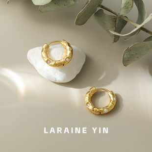 LARAINE 小众复古金色肌理耳圈闪钻简约日常通勤耳环耳扣 YIN法式