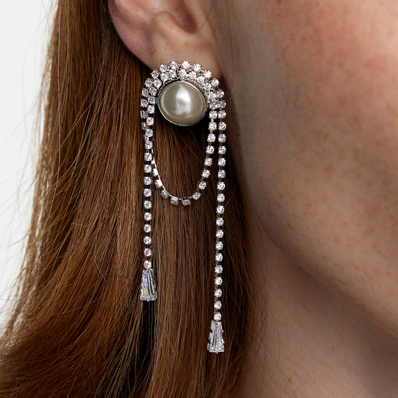 欧美范长款闪钻流苏珍珠耳环