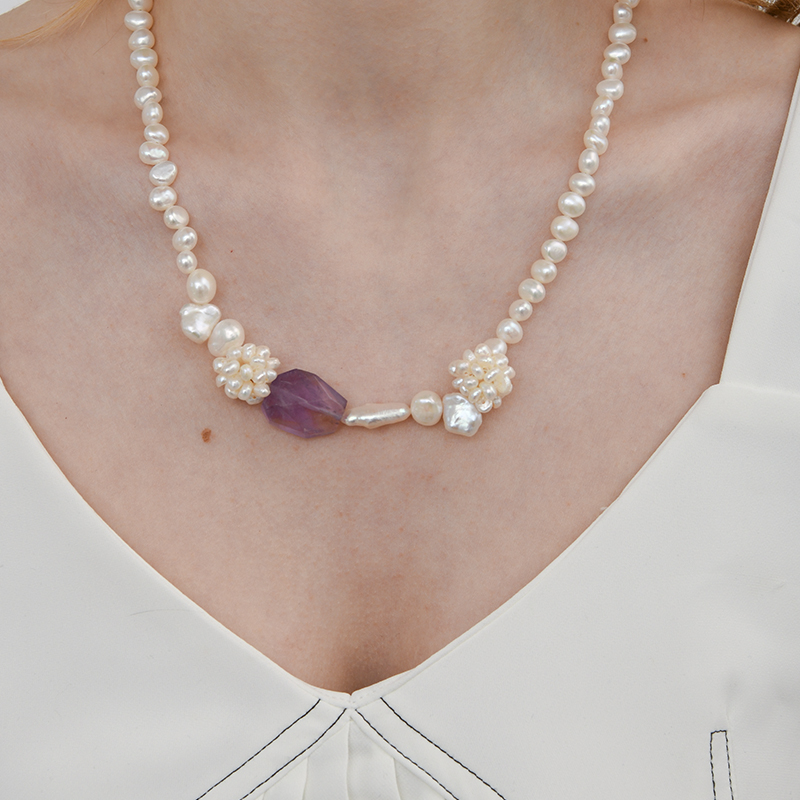【买3免1】原创设计天然巴洛克珍珠紫色水晶石项链冷淡风锁骨链