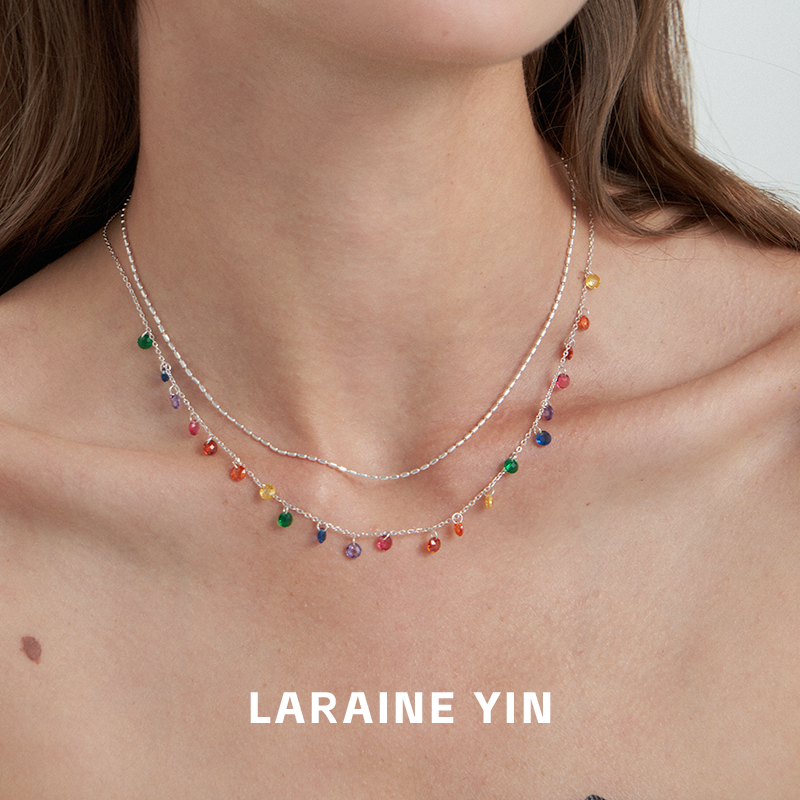 s925纯银项链彩色流苏锆石锁骨链小众高级感叠戴颈链多巴胺2025款